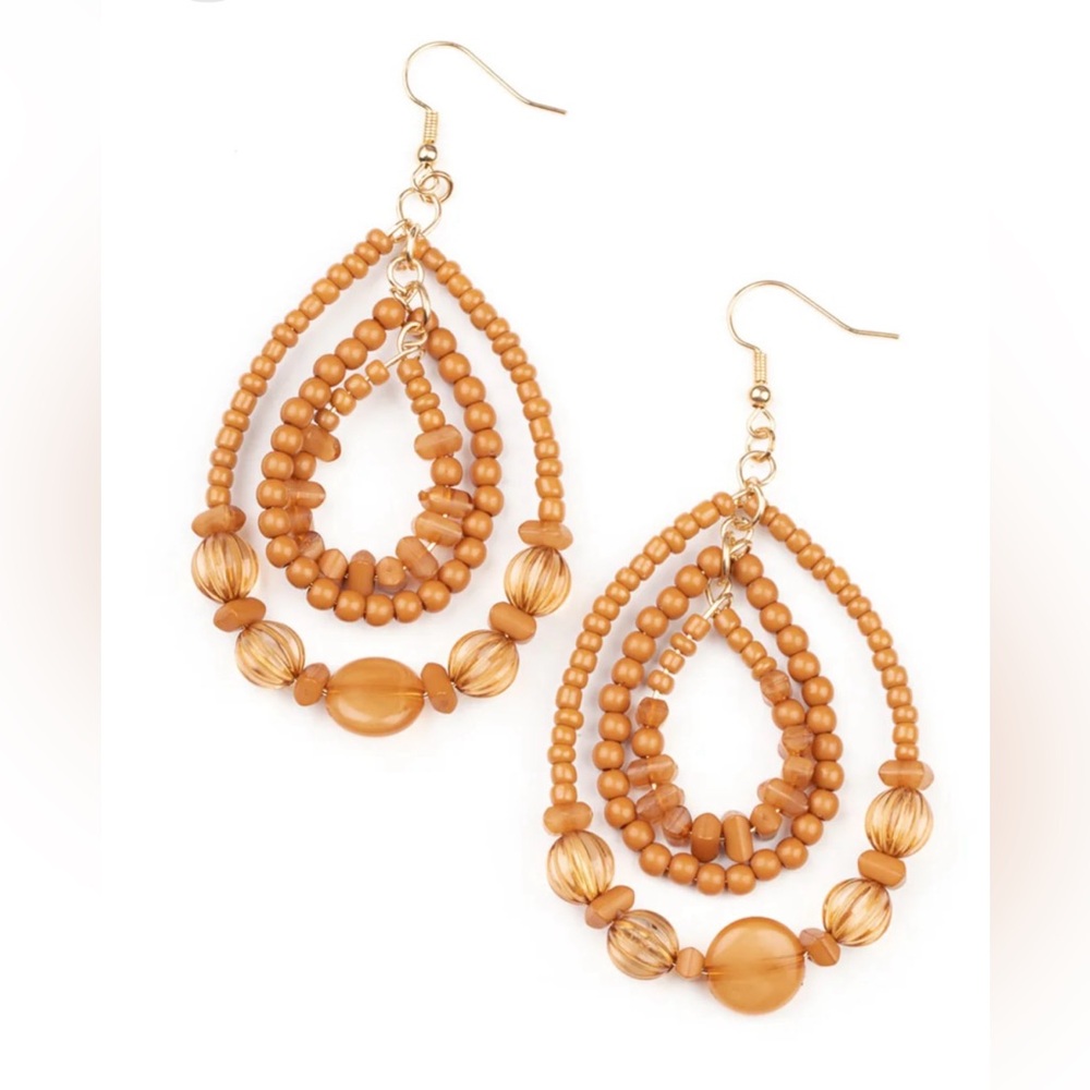 New Paparazzi Prana Party - Elegant Beaded Teardrop Earrings in Brown & Gold